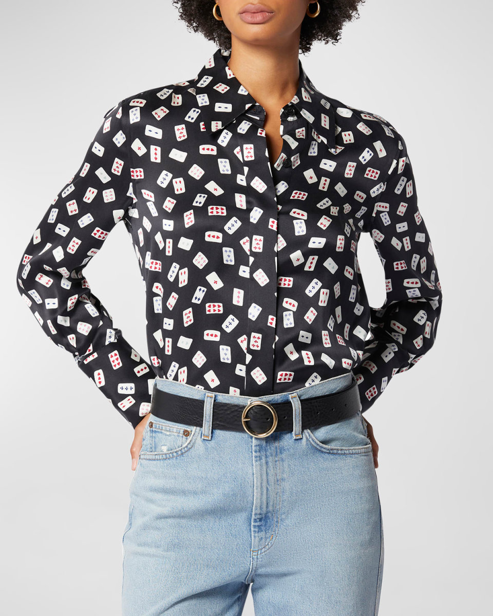 Annelie Card-Print Button-Down Satin Top